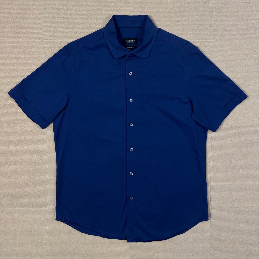 Bugatchi OoohCotton Tech 8-Way Stretch Polo Shirt Mens L Blue Short Sleeve